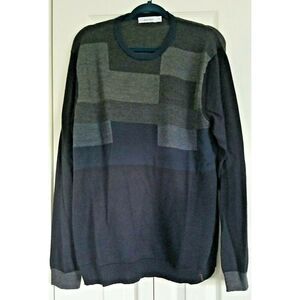 Calvin Klein Men's Grandpa Sweater XL Gray‎ Color Block Merino Wool Blnd Vintage